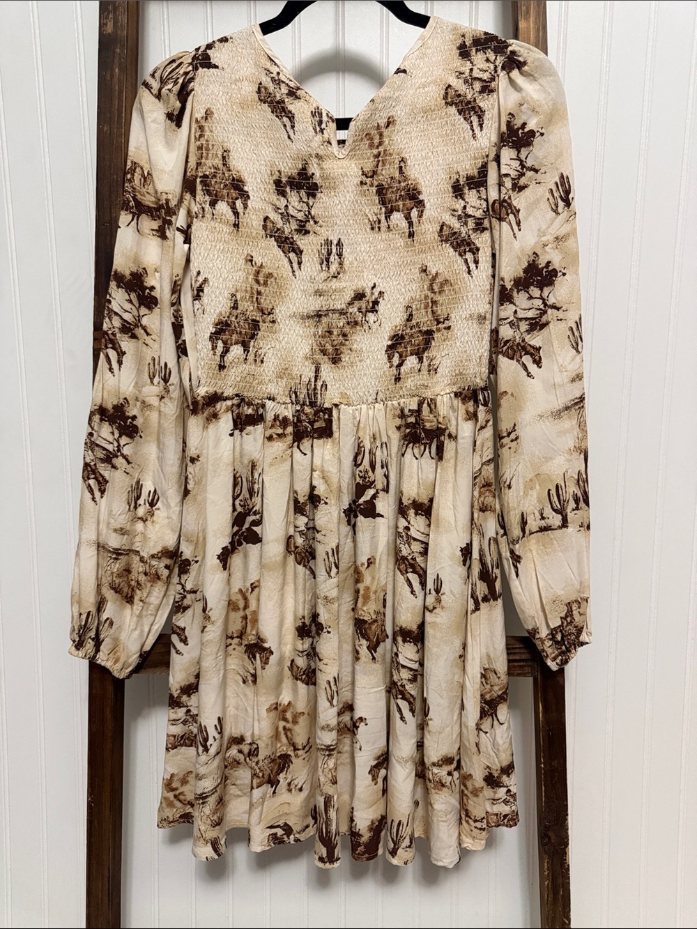 Wrangler Retro Horses Conversational Print Long Sleeve Smocked Mini Dress - Picture 3 of 8